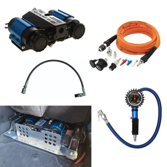 ARB Compressor with Pump up kit, Tire Inflation Gun and Heavy Duty Hose with the American Adventure Lab Underseat Bracket Bundle
