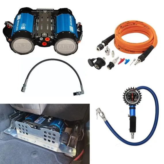 ARB Compressor Brushless with Pump up kit, Tire Inflation Gun and Heavy Duty Hose with the American Adventure Lab Underseat Bracket Bundle